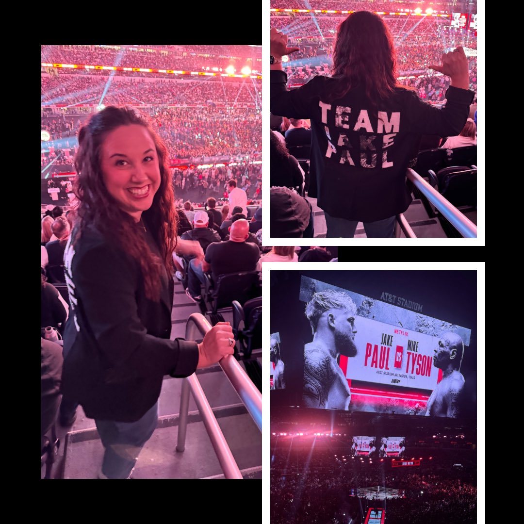 SarahBunday's tweet photo. @jakepaul — I was in the stadium cheering for you in a sea of Tyson supporters.🥊 Yelled so loud a guy offered me his seat… in the parking lot. Proud of you &amp; all you’ve done for boxing! 

Jutta looked STUNNING😍, &amp; I could’ve used Thor🐾 for emotional support. #MVP #PaulTyson https://t.co/F4msMGPiWN