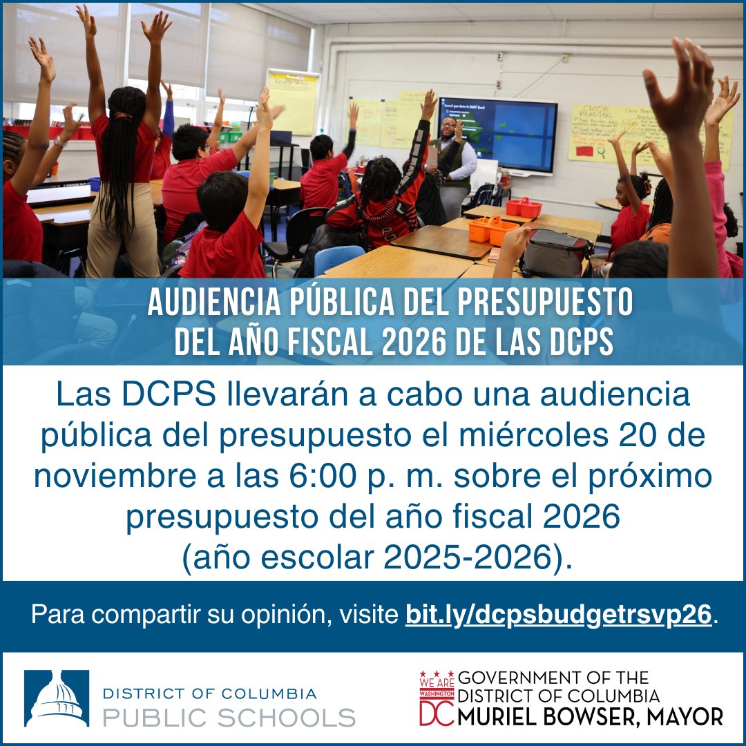 🗓️ REMINDER 🗓️

DCPS will hold a public budget hearing on the Fiscal Year 2026 budget tomorrow, Wednesday, November 20 at 6:00 PM. RSVP at bit.ly/dcpsbudgetrsvp… and join us virtually.