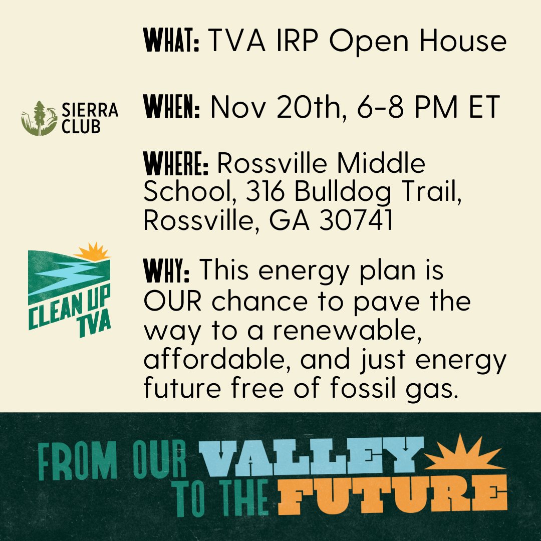 CleanUpTVA's tweet image. This is the next to last week of TVA draft IRP Open Houses and the time is NOW to get your voice heard! Come out in Rossville, GA, tomorrow night and in Chattanooga, TN, Thursday night, both 6pm. Or join the last virtual option on Friday at noon ET at loom.ly/4h046dM.