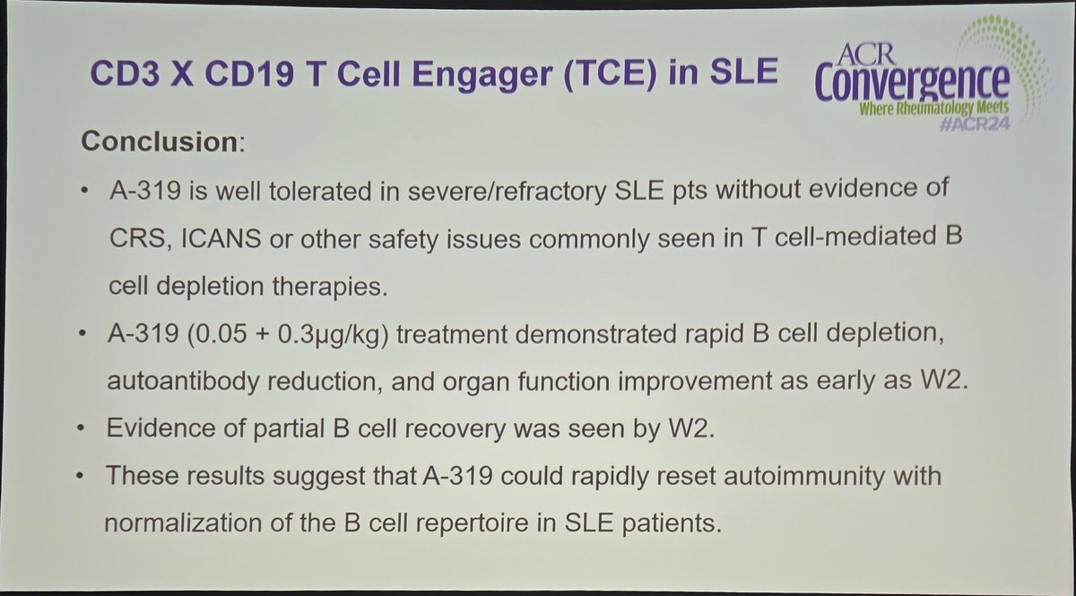 Annals of the Rheumatic Diseases (@eular_ard) on Twitter photo 💡 New hope for severe/refractory #SLE: A-319 (CD3 x CD19 TCE) shows rapid and safe immune reset!
✅ Rapid B-cell depletion, autoantibody reduction, & organ improvement by W2
✅ No CRS or ICANS observed
📊 Could this be a game-changer in SLE therapy?
<a href="/Dr_AndreRibeiro/">André Ribeiro</a>
#ACR24 💡 New hope for severe/refractory #SLE: A-319 (CD3 x CD19 TCE) shows rapid and safe immune reset!
✅ Rapid B-cell depletion, autoantibody reduction, & organ improvement by W2
✅ No CRS or ICANS observed
📊 Could this be a game-changer in SLE therapy?
<a href="/Dr_AndreRibeiro/">André Ribeiro</a>
#ACR24