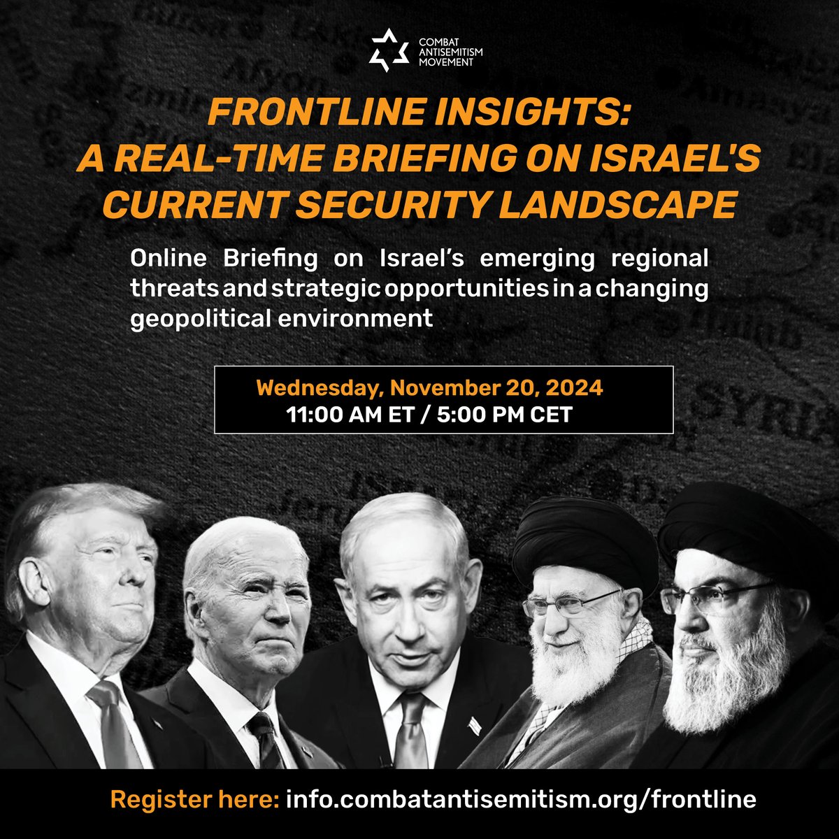 CombatASemitism's tweet photo. Join Our Security Briefing – Tomorrow, Nov. 20 at 11 AM ET

We’re hosting a 45-minute online webinar "Frontline Insights: A Real-Time Briefing on Israel’s Current Security Landscape"

Details:
🗓️ Wednesday, Nov. 20, 2024
🕚 11:00 AM ET / 5:00 PM CET

Speakers:
✅ @lightstonea – Former Senior Advisor to U.S. Ambassador to Israel, key player in the Abraham Accords
✅ @shirmor – Expert in counter-terrorism and Iran
✅ IDF Lt. Col. (Res.) @ZehaviAlma – Founder of @Israel_Alma_org, expert on Israel’s northern front

Don’t miss this unique opportunity to hear from three distinguished experts!

Reserve your spot: https://t.co/PbgsvofAqM