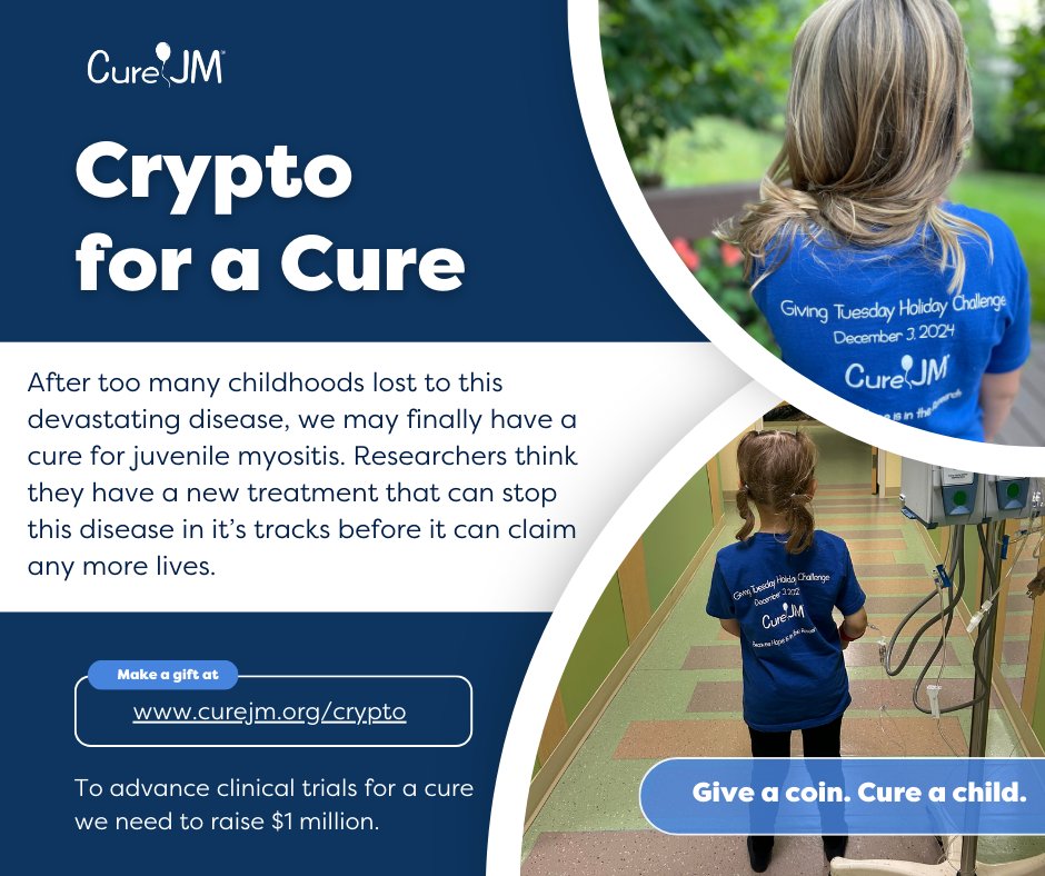 curejm's tweet photo. Too many childhoods have been lost to juvenile myositis. But we’re on the verge of a breakthrough! The researchers are ready. The trials are ready. All we need is YOU. Donate now at https://t.co/lYbVdVtkJF
@TheGivingBlock
#CryptoForGood #cryptoforacure #donatecrypto https://t.co/2jJOh33kbI