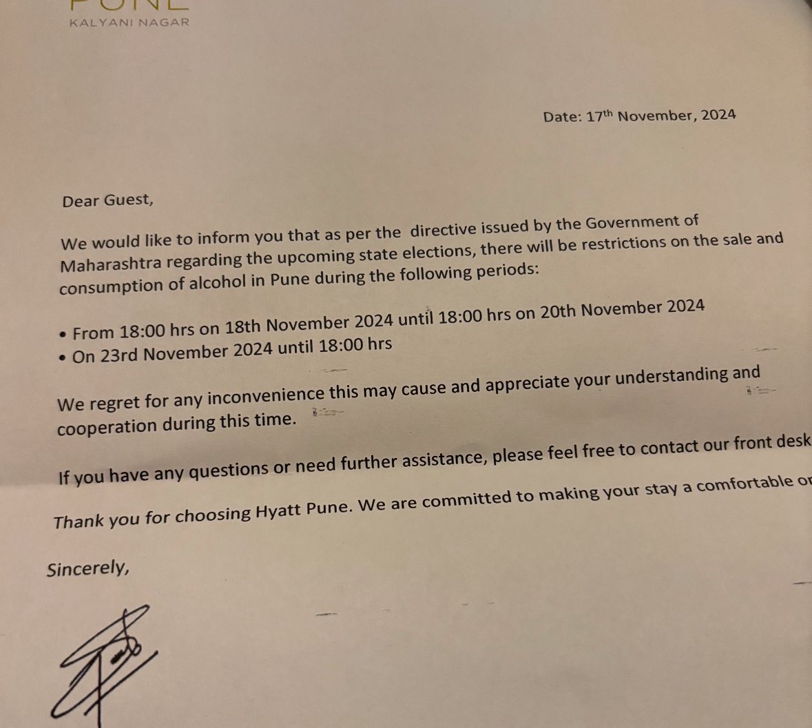 Got this advisory from management in my hotel in #Maharashtra state as they get into elections tomorrow. Can Kenyans reach this point to ban alcohol a few days to elections ⁦<a href="/Asmali77/">Ahmed Mohamed ((ASMALi))</a>⁩