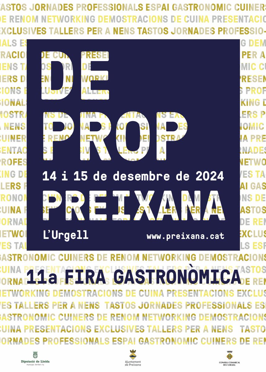 📌 Estem molt contents 🤩! En menys d’un mes celebrarem l’11a edició de la fira gastronòmica #DeProp. Us esperem a #Preixana els dies 14 i 15 de desembre amb productors, tallers, demostracions, xerrades, música i moltes sorpreses!!