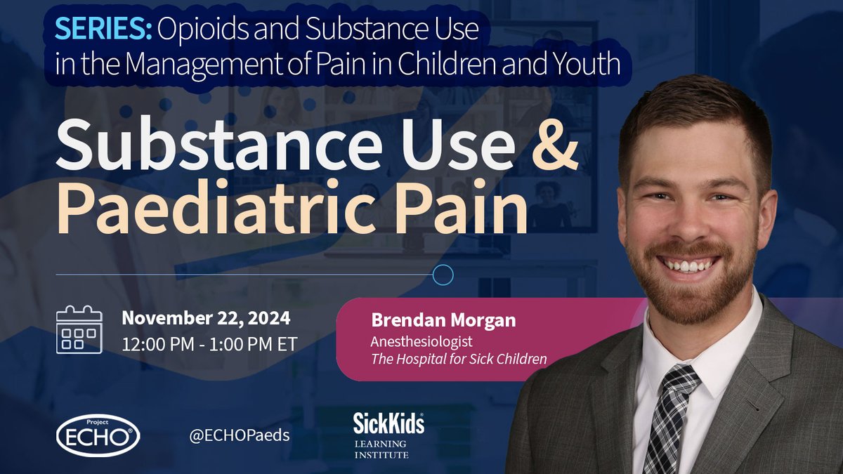 Paediatric Project ECHO (@echopaeds) on Twitter photo ✅Describe diagnostic criteria and discuss evidence-based approaches to Substance Use in #PedsPain...
#HCPs/ #PrimaryCare providers join Dr. Brendan Morgan (<a href="/SKAnesthesia/">SickKids Anesthesia and Pain Medicine</a>), anesthesiologist at <a href="/SickKidsNews/">The Hospital for Sick Children (SickKids)</a>.
🗓️Nov. 22 | 12-1pm
REGISTER NOW⤵️
echo.zoom.us/meeting/regist… ✅Describe diagnostic criteria and discuss evidence-based approaches to Substance Use in #PedsPain...
#HCPs/ #PrimaryCare providers join Dr. Brendan Morgan (<a href="/SKAnesthesia/">SickKids Anesthesia and Pain Medicine</a>), anesthesiologist at <a href="/SickKidsNews/">The Hospital for Sick Children (SickKids)</a>.
🗓️Nov. 22 | 12-1pm
REGISTER NOW⤵️
echo.zoom.us/meeting/regist…