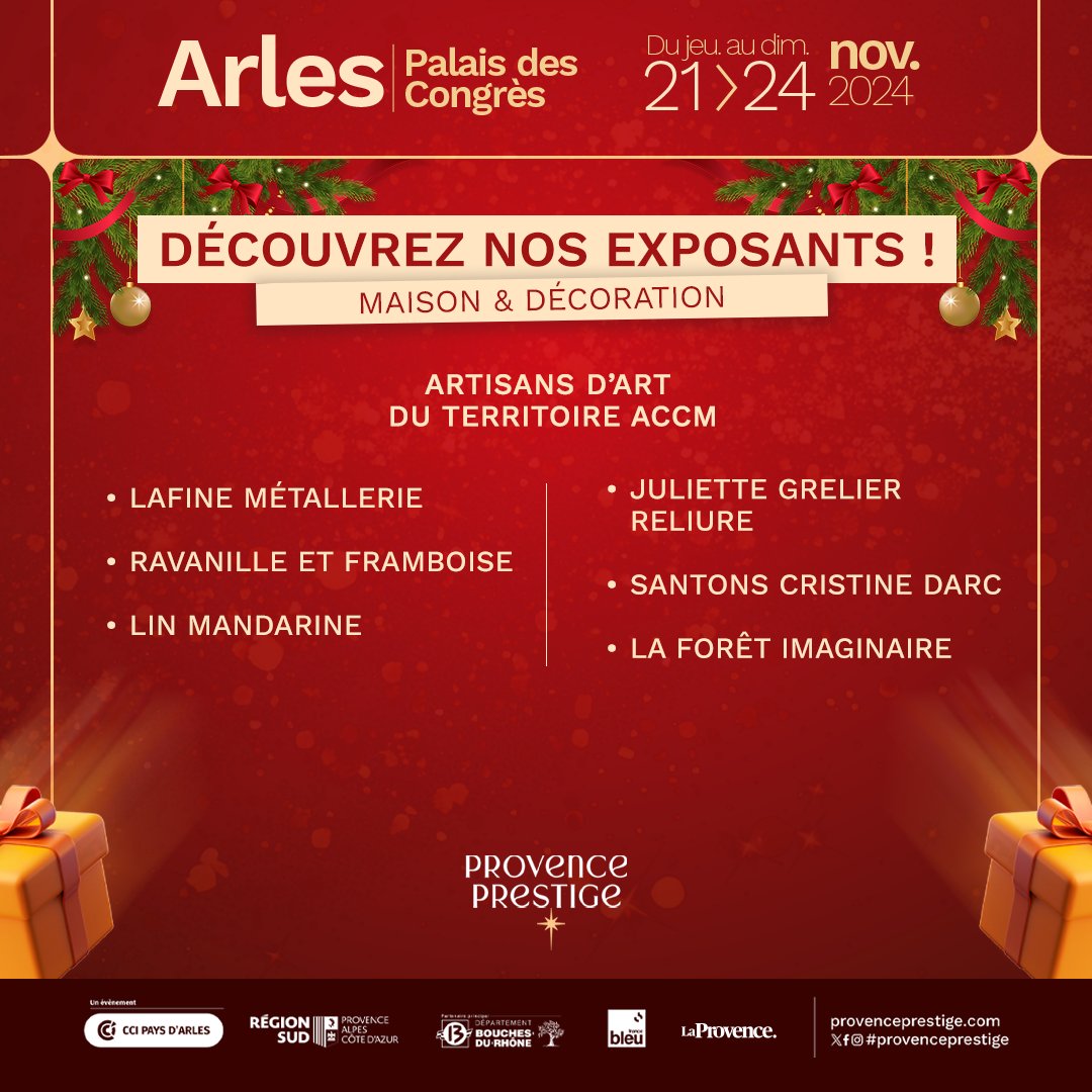 Provence Prestige 2024 : Découvrez nos exposants ! 🎉

Rendez-vous du jeudi 21 au dimanche 24 novembre au Palais des Congrès Arles, pour découvrir l'artisanat provençal 

#ProvencePrestige #MaisonDécoration #MadeInProvence #Arles #ÉvénementLocal