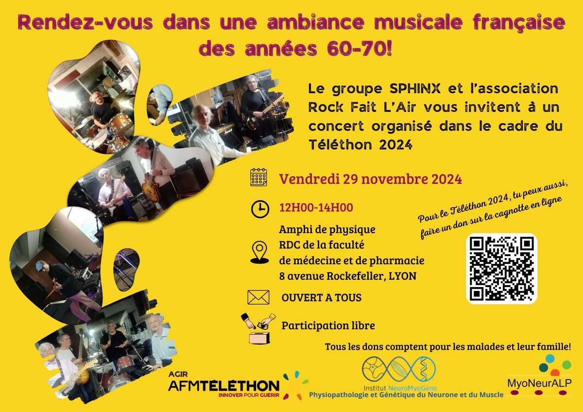 MyoNeurALP fait son Téléthon 2024!
👂📢Nous vous attendons nombreux les 28 et 29 novembre sur nos stands et à notre concert pour soutenir  le Téléthon!
Pour ceux qui ne peuvent pas se déplacer, une cagnotte en ligne est ouverte jusqu'en février 2025
mapage.telethon.fr/animation/INMG… 🗣️🗣️🗣️
