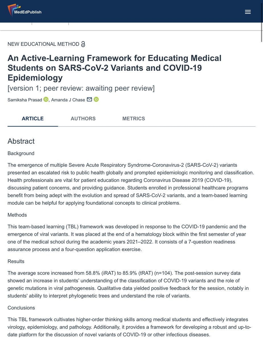 This active-learning framework helps medical students explore SARS-CoV-2 variants and COVID-19 through problem-based learning, data analysis, case discussions, and interdisciplinary collaboration. It fosters critical thinking. 

ow.ly/9Clv50Ua89G

#MedEdPublish