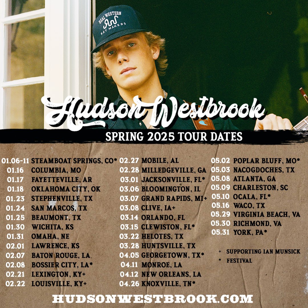 Here’s my 2025 spring tour! I can’t wait to meet, sing, and drink a few with everyone! See y’all on the road! Get your tickets at hudsonwestbrook.com