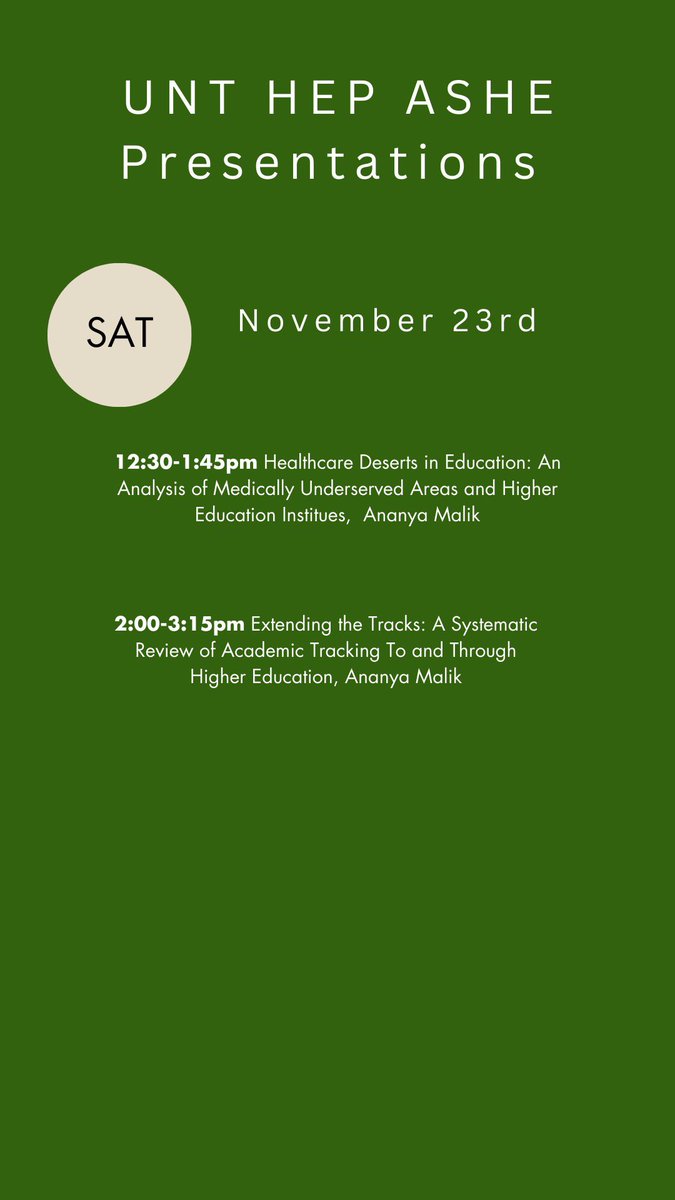 Check out our UNT Higher Education program faculty and alum presentations at the annual ASHE conference this year ✨ We hope to see you there 💚 @drsaguilarsmith <a href="/lcombs11/">Lisa Delacruz Combs</a> <a href="/ASHEoffice/">ASHE</a>