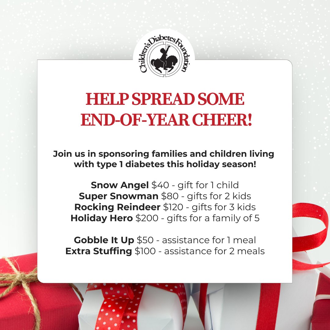 Join us in making the holidays brighter for children with T1D. Through our Holiday Assistance program, your support will help provide a $50 gift card for holiday dinners for 133 families, plus a $40 gift card for each child with type 1 and their siblings. childrensdiabetesfoundation.org/holiday-assist…