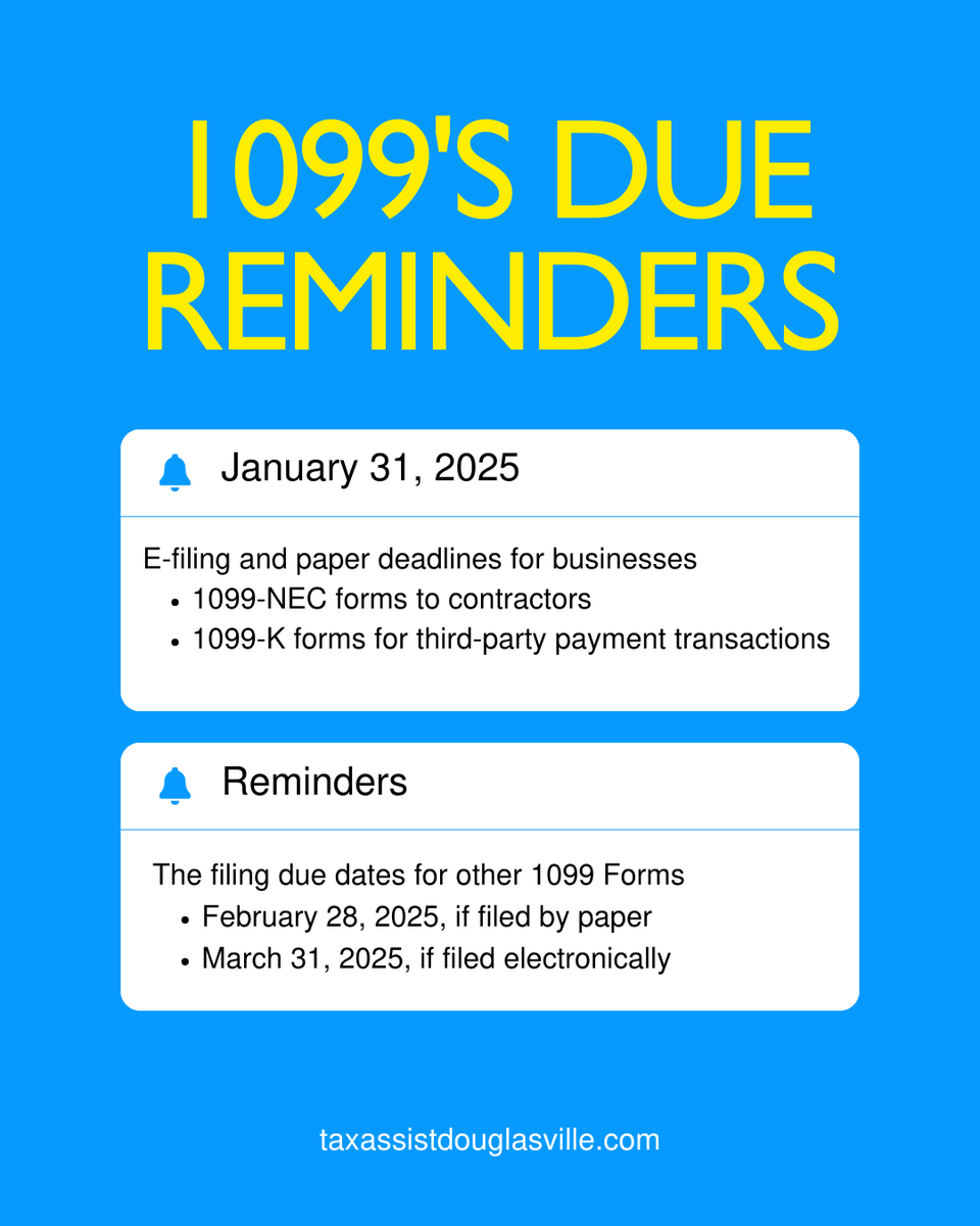 BLTAdvisors's tweet photo. Attention business owners! Paid $600+ to a contractor or received payments via PayPal? Issue/receive 1099s by 1/31/25. Need help? DM us! 

#SmallBusiness #TaxAssistAdvisors #Accounting https://t.co/eVdsaRcSX4