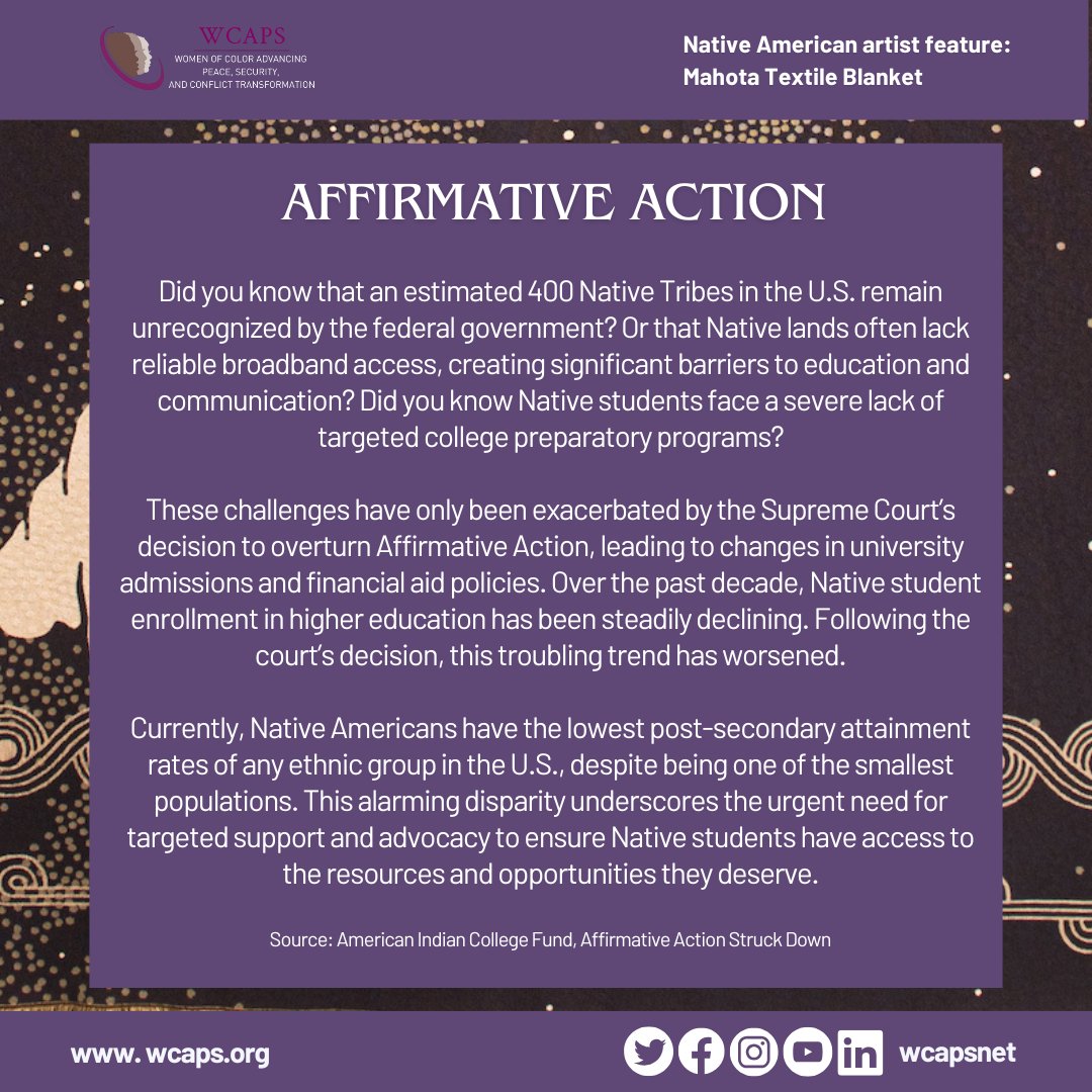 WCAPSnet's tweet image. Native Americans face unique challenges shaped by history, identity, and sovereignty. From debates on blood quantum to Freedmen recognition and the impact of the affirmative action ruling, advocacy is complex.
#WCAPS #NativeAmericanHeritageMonth