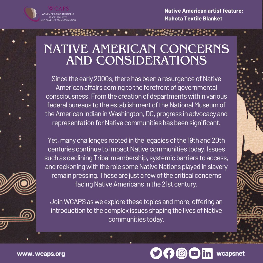 WCAPSnet's tweet image. Native Americans face unique challenges shaped by history, identity, and sovereignty. From debates on blood quantum to Freedmen recognition and the impact of the affirmative action ruling, advocacy is complex.
#WCAPS #NativeAmericanHeritageMonth