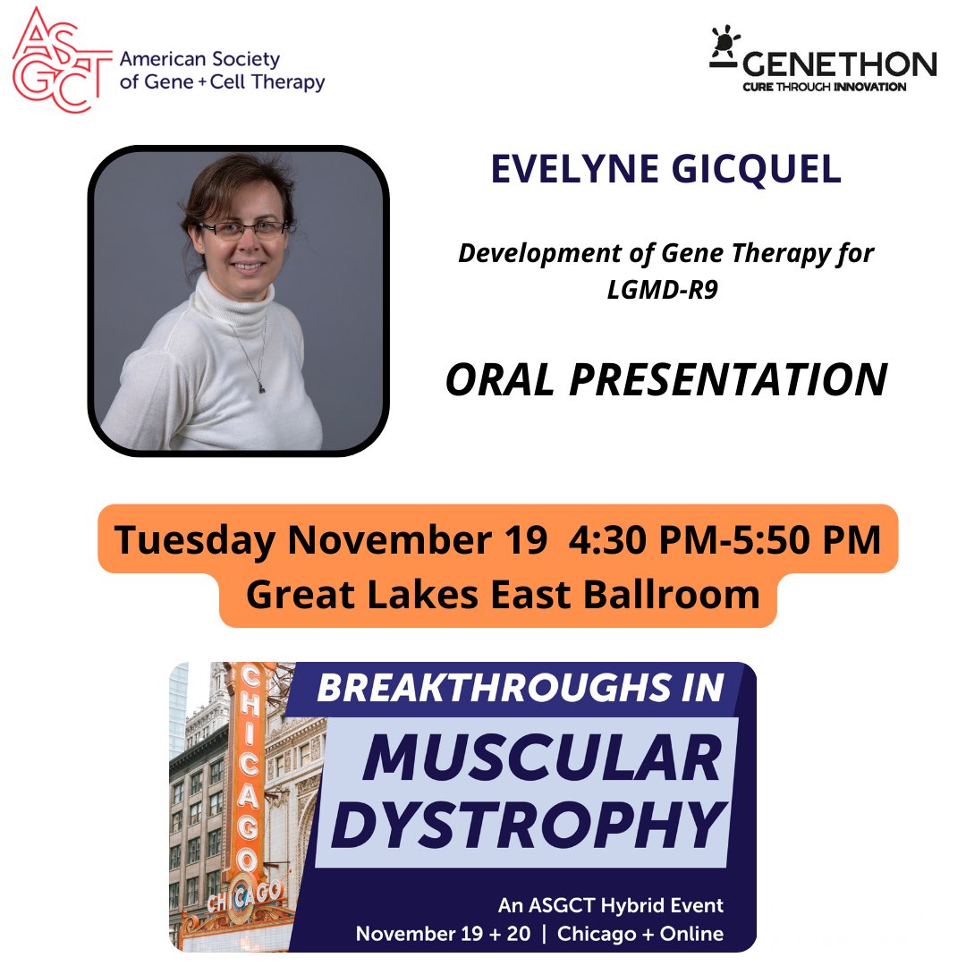 GenethonFr's tweet photo. [#ASGCTBreakthroughs24]
🎙️SAVE THE DATE : Today, Tuesday, November 19 don’t miss the oral presentation by Evelyne Gicquel, PhD, @GenethonFr about the: “Development of Gene Therapy for LGMD-R9 Dystrophy.” Great Lakes East Ballroom.
👉 https://t.co/xjFszoDD8y https://t.co/Cm7wzTGmTS