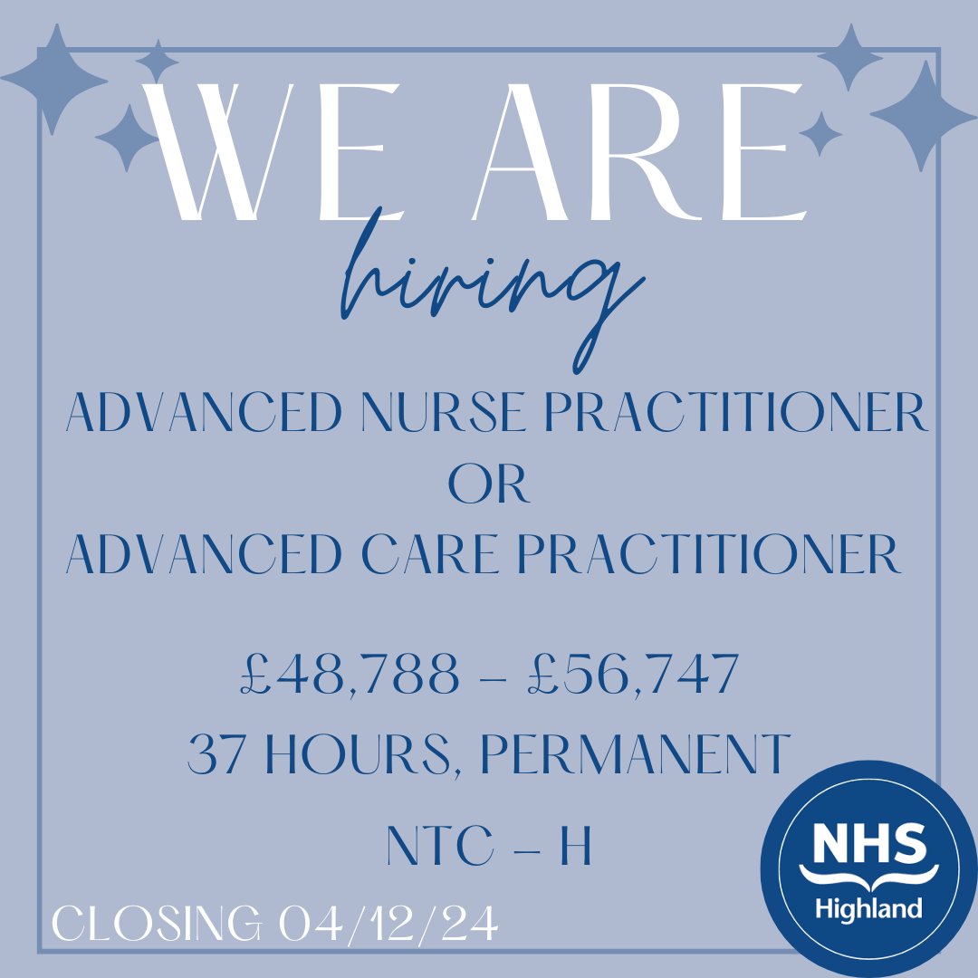 NTC-Highland is looking for an enthusiastic ANP or ACP to join their team! 

For more information or to apply, please click the link below:
apply.jobs.scot.nhs.uk/Job/JobDetail?…