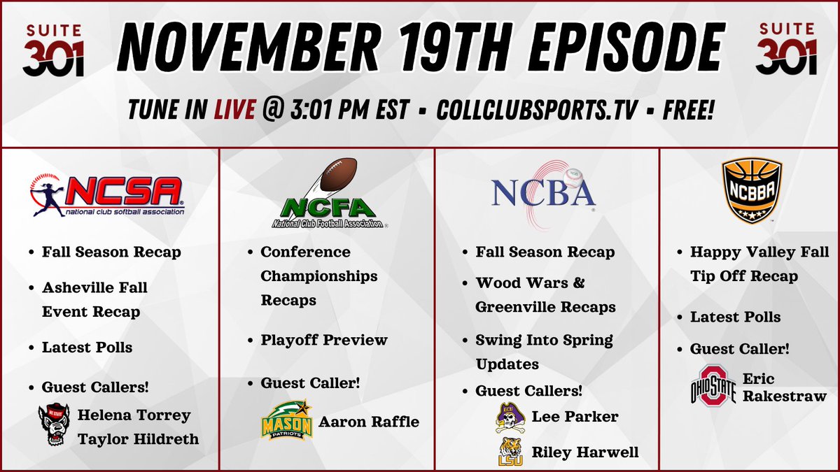 📢 November 19th Episode - Suite 301

Catch up on all the latest updates &amp; news from all of our CollClubSports Leagues!  

Today's episode will kick off at 3:01 PM EST.  

To tune in, head over to CollClubSports TV through the link below!  

📺 CollClubSports.TV