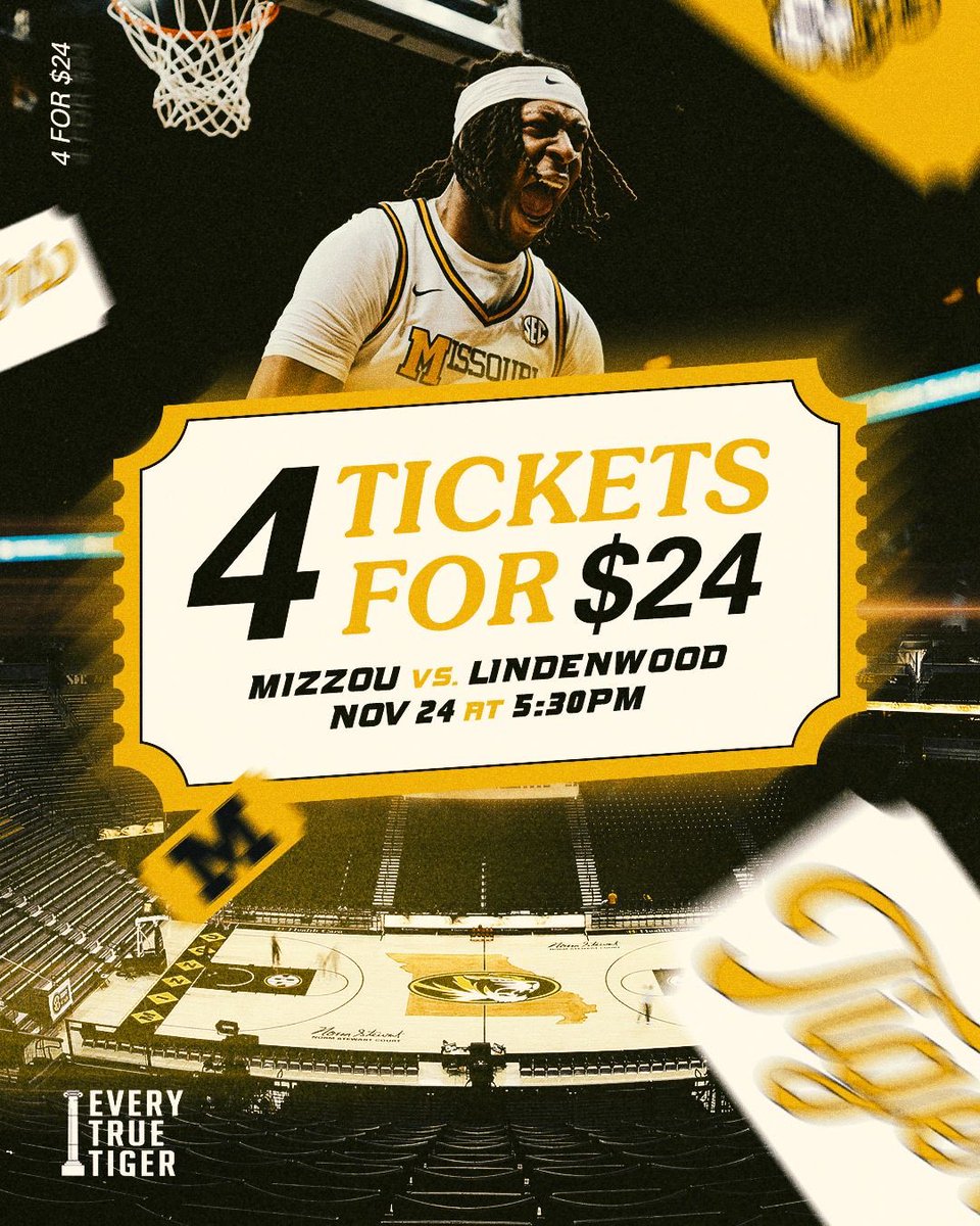 Ready for Mizzou basketball? Get 4 tickets for $24 today! *
#MIZ
#ETTB @mizzouathletics
@mizzouhoops
17 : November 22
0:6:30 pm
: Mizzou Arena