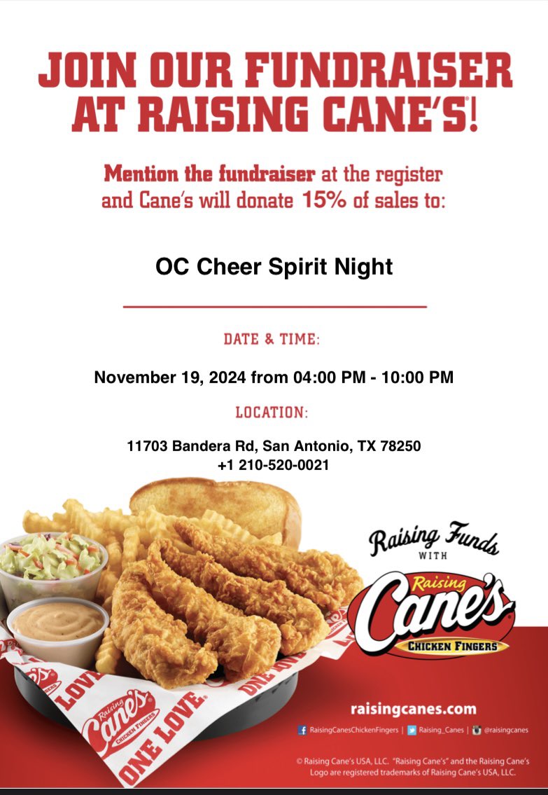 Support OC Cheer at Raisin’ Canes tonight 4pm-10pm. Just mention OC Cheer when ordering!