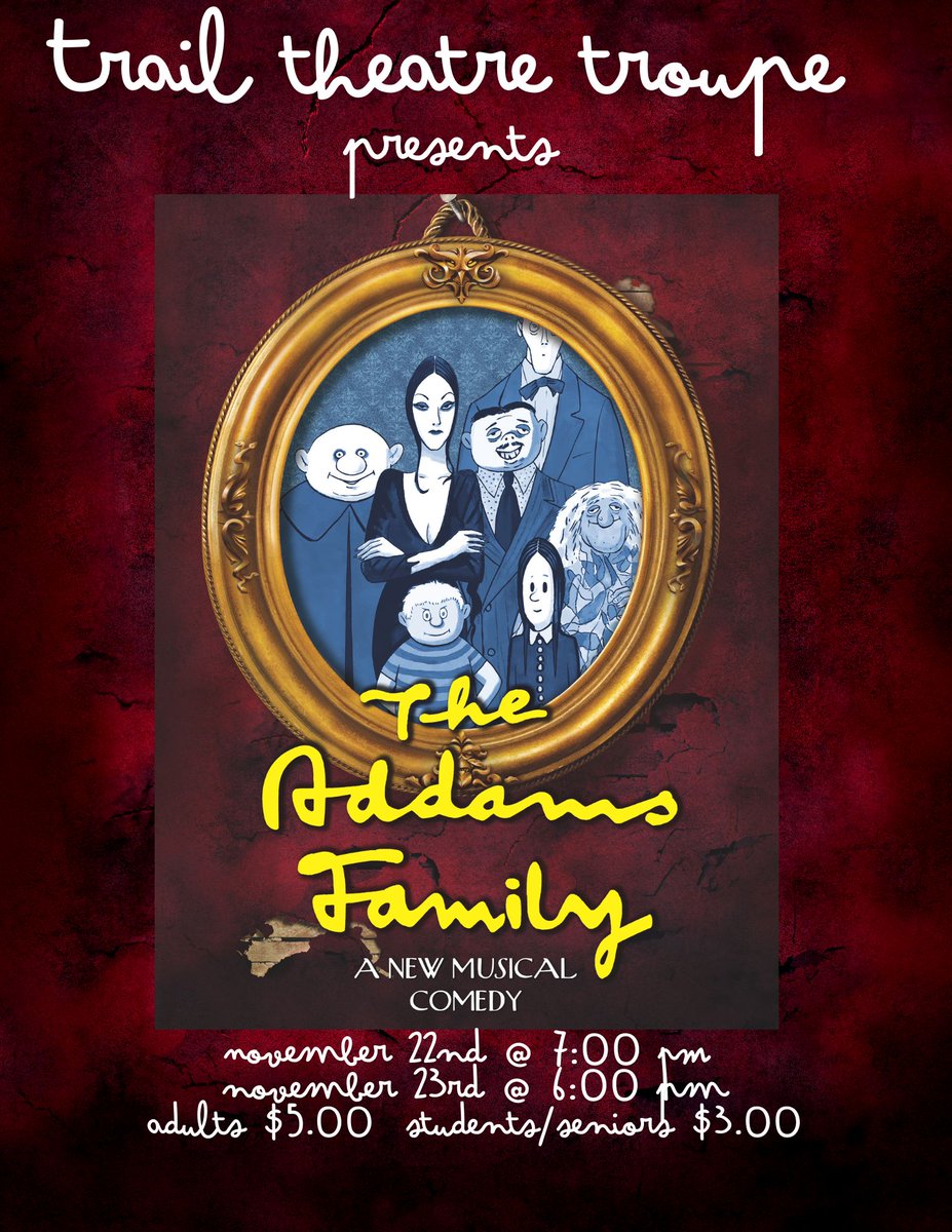 This weekend, the Bloom Trail Theatre Troupe will present The Addams Family-A New Musical Comedy. 
Performances will take place on Friday, November 22nd at 7:00 PM and Saturday, November 23rd at 6:00 PM.  $5.00 for adults &amp; $3.00 for children/students. <a href="/PrincipalKeene/">Glynis Keene</a> <a href="/DrNavarre/">Supt. Lenell Navarre</a>