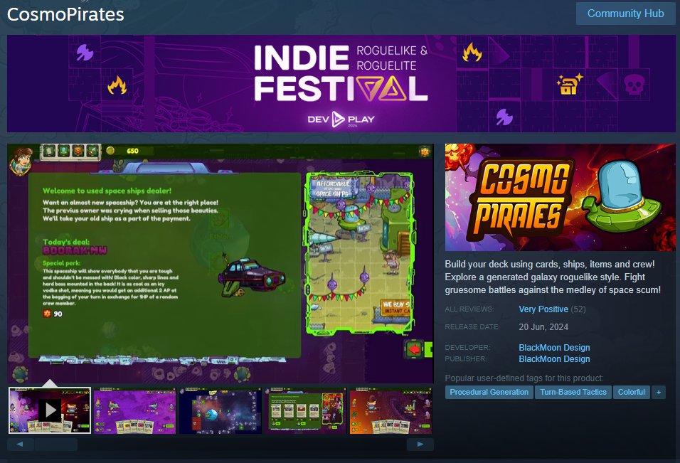 CosmoPirates is part of the Indie Festival: Roguelike &amp; Roguelite on Steam! 🎮✨
And guess what? It's 25% OFF during the event! 🎉
Don't miss the chance to join the intergalactic mayhem! 
👉 store.steampowered.com/app/2466240/Co…

#CosmoPirates #Roguelike #IndieFestival #SteamSale #GameDev
