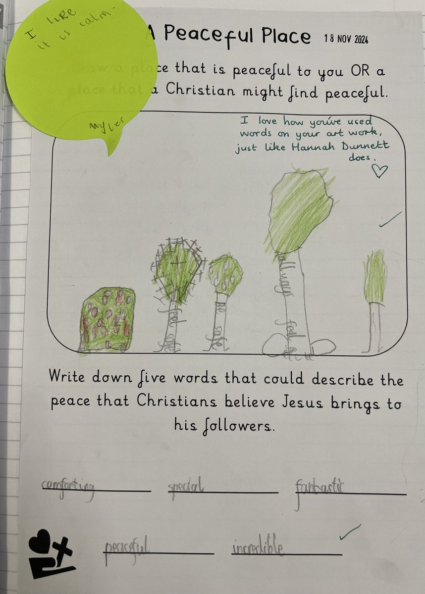 thurlstonepri's tweet photo. Continuing our work on the peace that Christians believe Jesus brings, we thought about our own peaceful places in this week’s RE lesson. Some children included words in their art work, inspired by the work of artist Hannah Dunnett. 
#Thurlstone_re
@Thurlstonesch @RE_Today https://t.co/IXuaG5Pu2z
