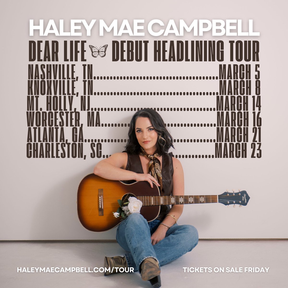 Dear life...did you just say I'm going on my FIRST EVER HEADLINING TOUR!? I am so unbelievably excited (and only slightly terrified!!) to bring my debut album to y'all live and in person.

Tickets go on sale this Friday 11/22 at 10am CT / 11am EST 🎟🦋

haleymaecampbell.com/tour