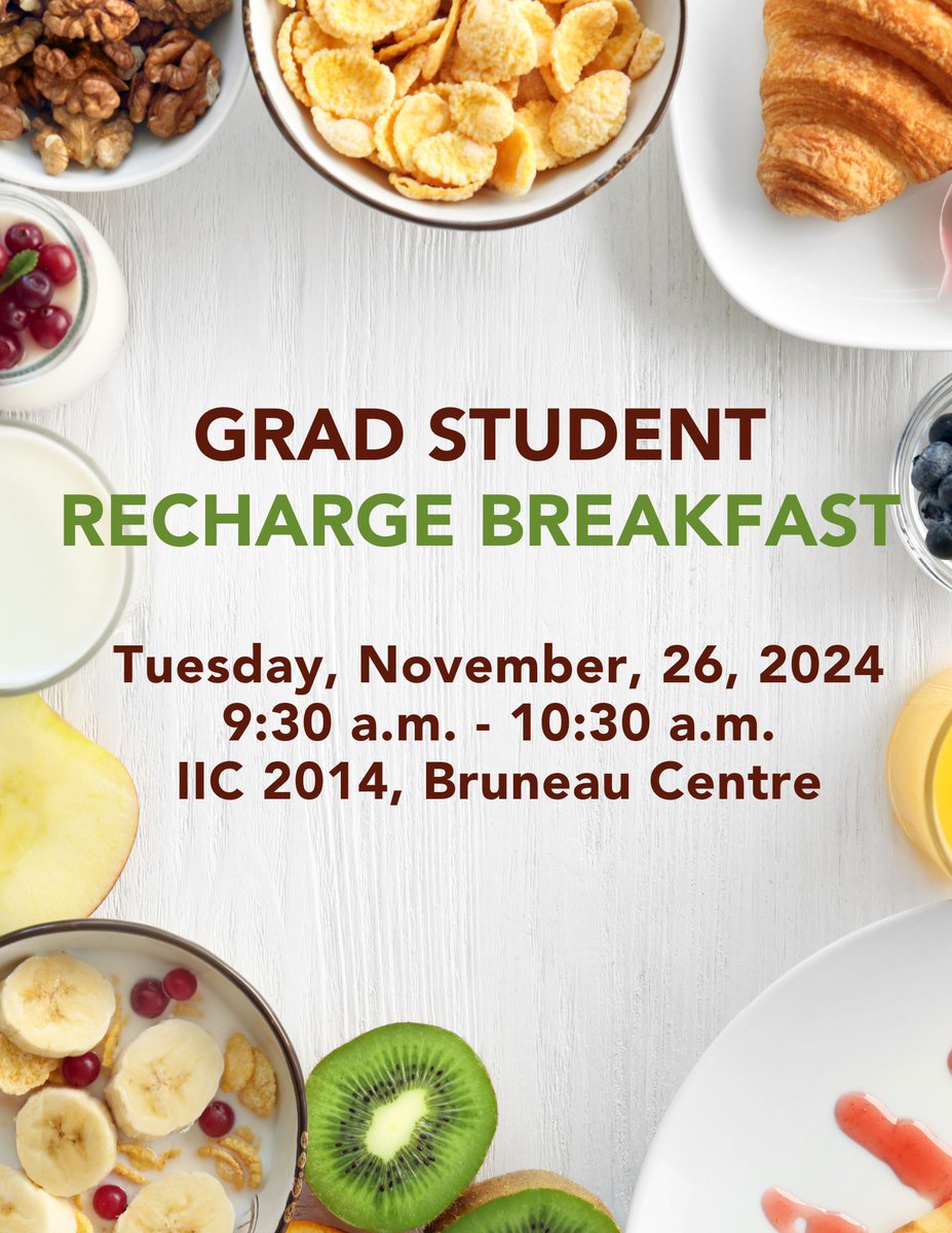 Graduate Students at Memorial University:
Join us for the Grad Student Recharge Breakfast on November 26, 2024! Enjoy fresh fruit, granola bars, and more to fuel your studies! 
Register here by November 21, 2024: mun.jotform.com/243192863780868