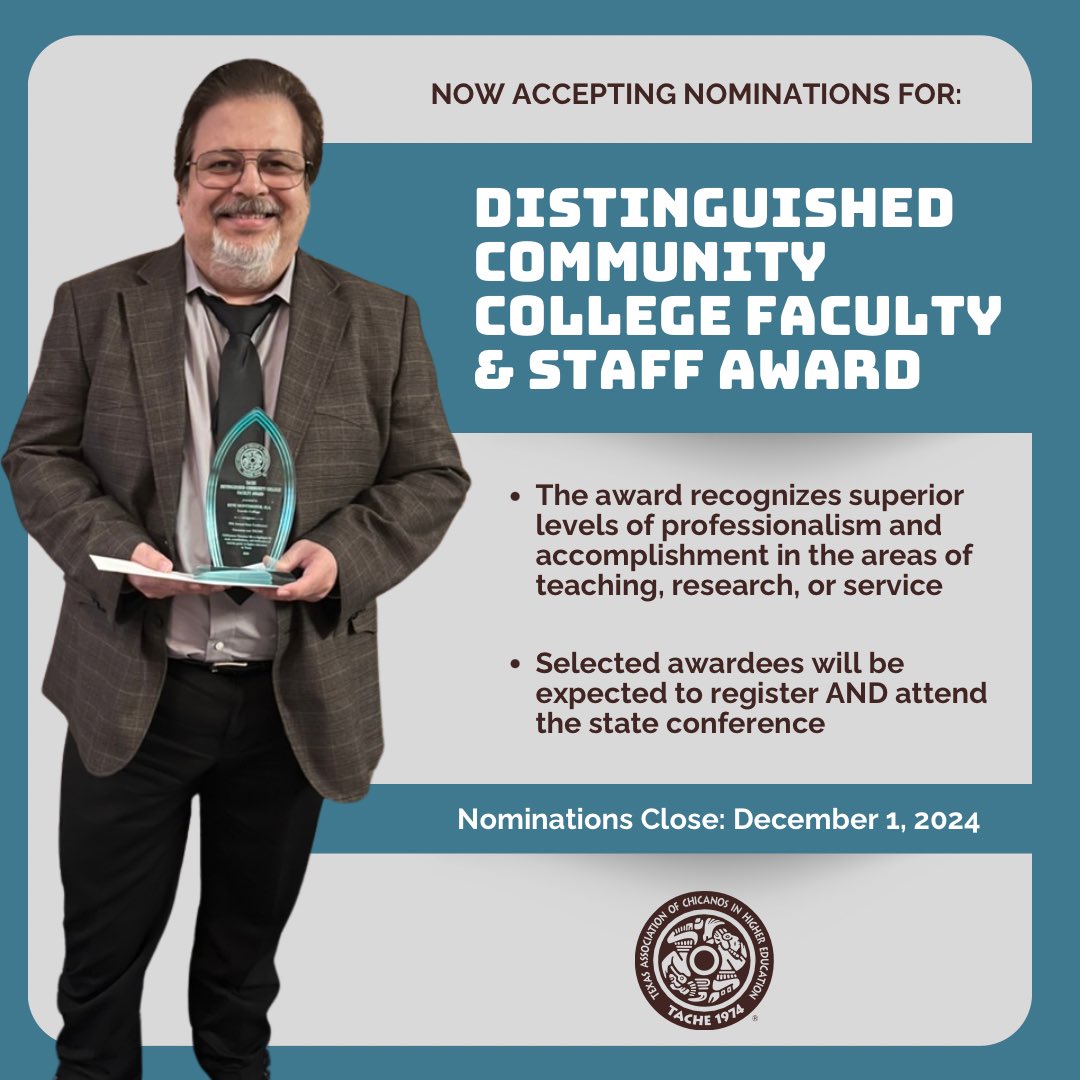 🌟Submit a nomination TODAY for a Distinguished Community College Faculty or Staff member! 🌟
 
🚨 Application Deadline: December 1, 2024🚨
 
🔗To apply and learn more, visit TACHE.org.
 
#DistinghuishedFaculty&amp;StaffAwards