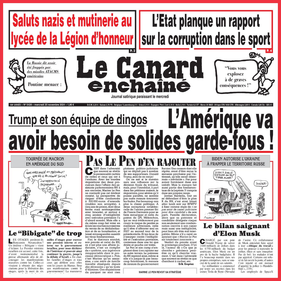 La nouvelle édition du "Canard" est arrivée !

➡️ En ligne sur lecanardenchaine.fr
➡️ Dispo aussi sur l’appli (pour les abonnés)
➡️ Le mercredi chez les marchands de journaux