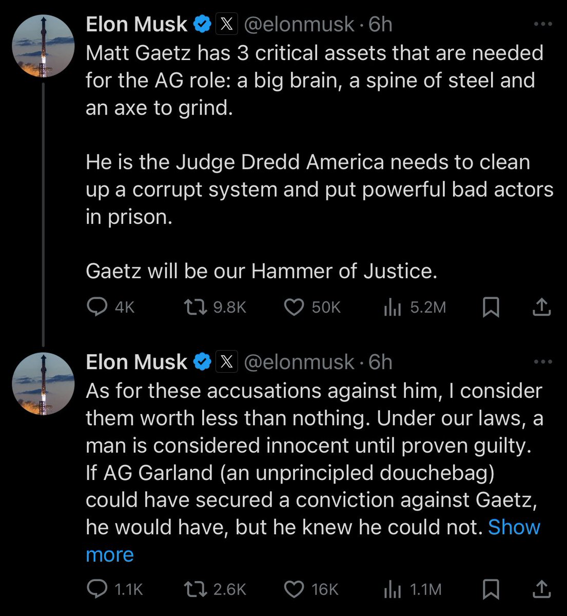 “He’s the Judge Dredd America needs.” 

Judge Dredd is an anti police satire made clear enough for 9 year olds to understand which is apparently too advanced for Elon.