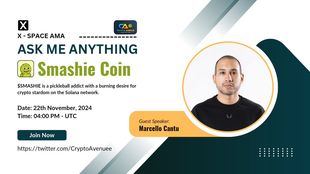 📢We Are Pleased to Announce Our Next #XSPACEAMA With <a href="/SmashieCoin/">Smashie</a> "

💰𝖯𝗋𝗂𝗓𝖾: $50 USDT

🗓𝖣𝖺𝗍𝖾: 22th November 2024
🕰️Time: 4.00 PM (UTC)
🏕️𝖵𝖾𝗇𝗎𝖾: <a href="/CryptoAvenuee/">Crypto Avenue ™️</a>

⏳𝖲𝖾𝗍 𝗋𝖾𝗆𝖺𝗂𝗇𝖽𝖾𝗋:- x.com/i/spaces/1mnxe…
 
🚨𝖱𝗎𝗅𝖾𝗌:-

1️⃣ 𝖥𝗈𝗅𝗅𝗈𝗐 :- <a href="/SmashieCoin/">Smashie</a>