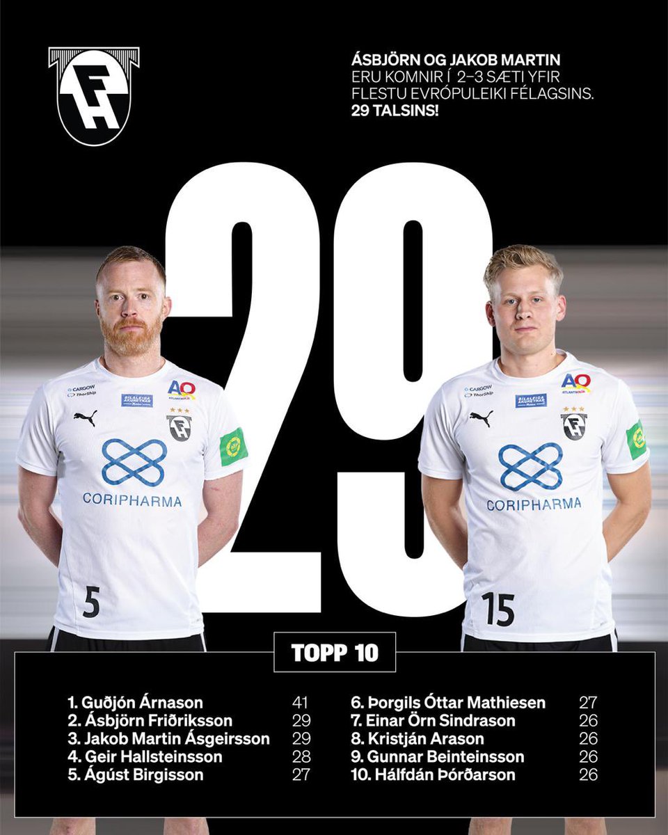 Uppfærður Evrópulisti 🤍🖤
Ásbjörn og Jakob Martin spila sinn 29. Evrópuleik fyrir FH í kvöld! 
#viðerumFH #handbolti