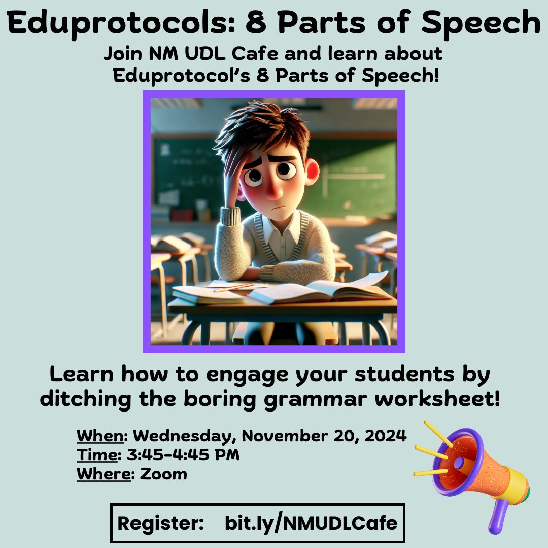Diving deep into language arts with Eduprotocol's 8 Parts of Speech at the NM UDL Cafe! Register: forms.gle/pVUTKuH5vQdFco…
 📝 #NMUDL #edtech #teachingandlearning #eduprotocols