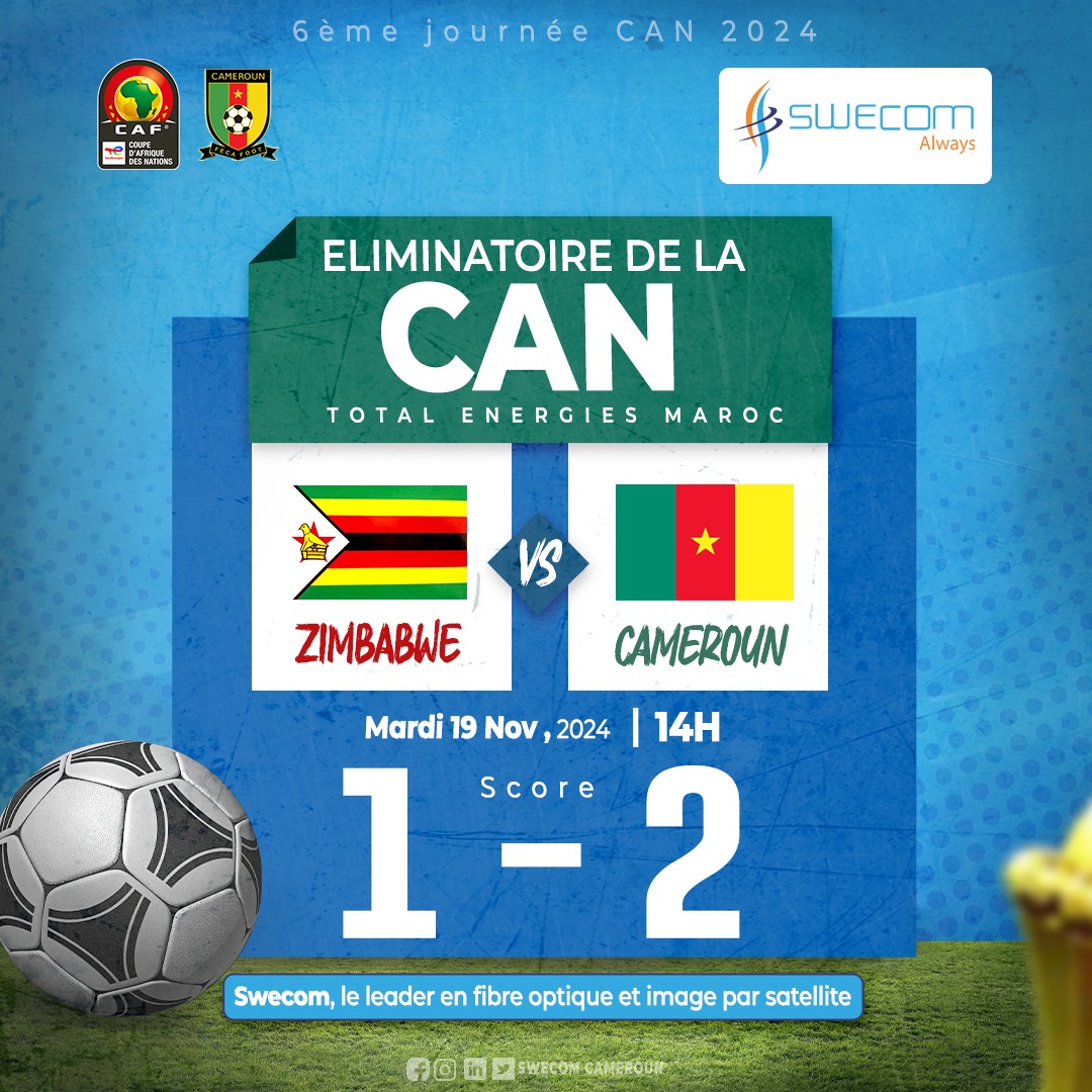 SwecomCameroon's tweet photo. ⭕ Fin de la rencontre qui a opposée les @LIndomptables aux Warriors de la Zimbabwe. 

Félicitations pour cette belle rencontre.✨🥳

#matchday #CAN2025 #score #swecom https://t.co/TivHbmsES8