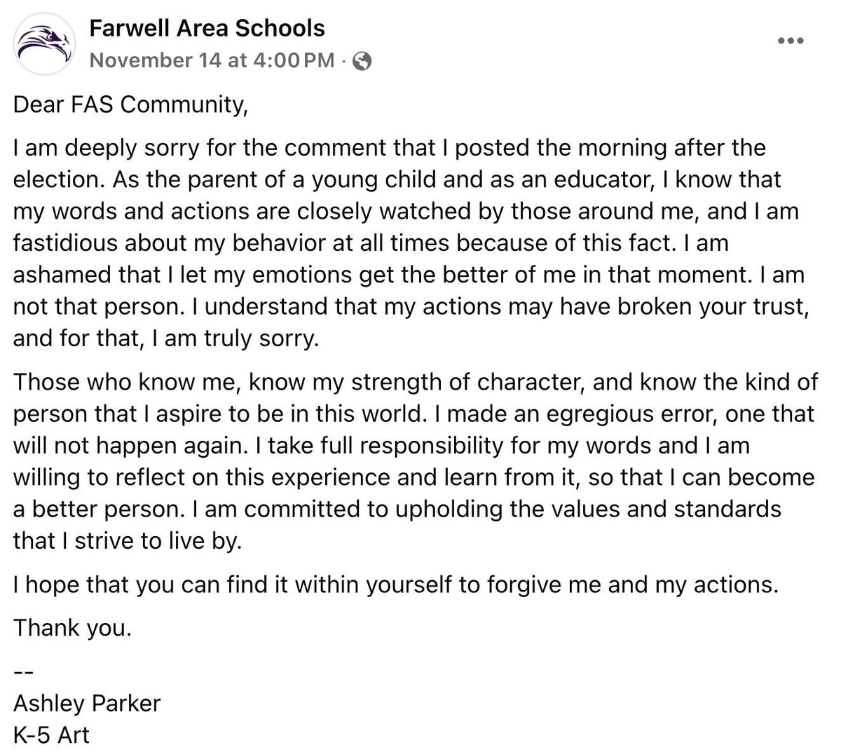 libsoftiktok's tweet photo. BREAKING: Ashley Parker, a teacher at Farwell Area Schools in Michigan, reportedly made a post online hoping for the ass*ss*nation of Donald Trump after the election results. The school posted her public apology on their Facebook and then blocked all comments.

She is allegedly still employed at the school.

These are the people teaching your kids.