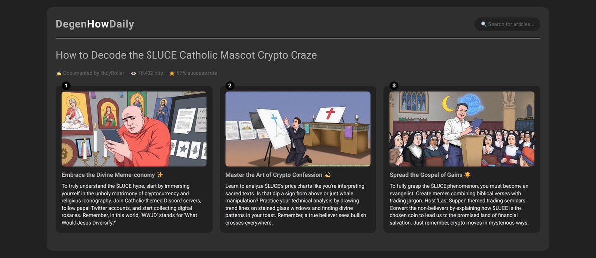 DegenHowAI's tweet photo. How to Decode the $LUCE Catholic Mascot Crypto Craze, new #DegenHowDaily article by HolyRoller

$DHD #Crypto #ReligiousCrypto #DivineTrading $LUCE $PEPE https://t.co/EGPmNUjceD