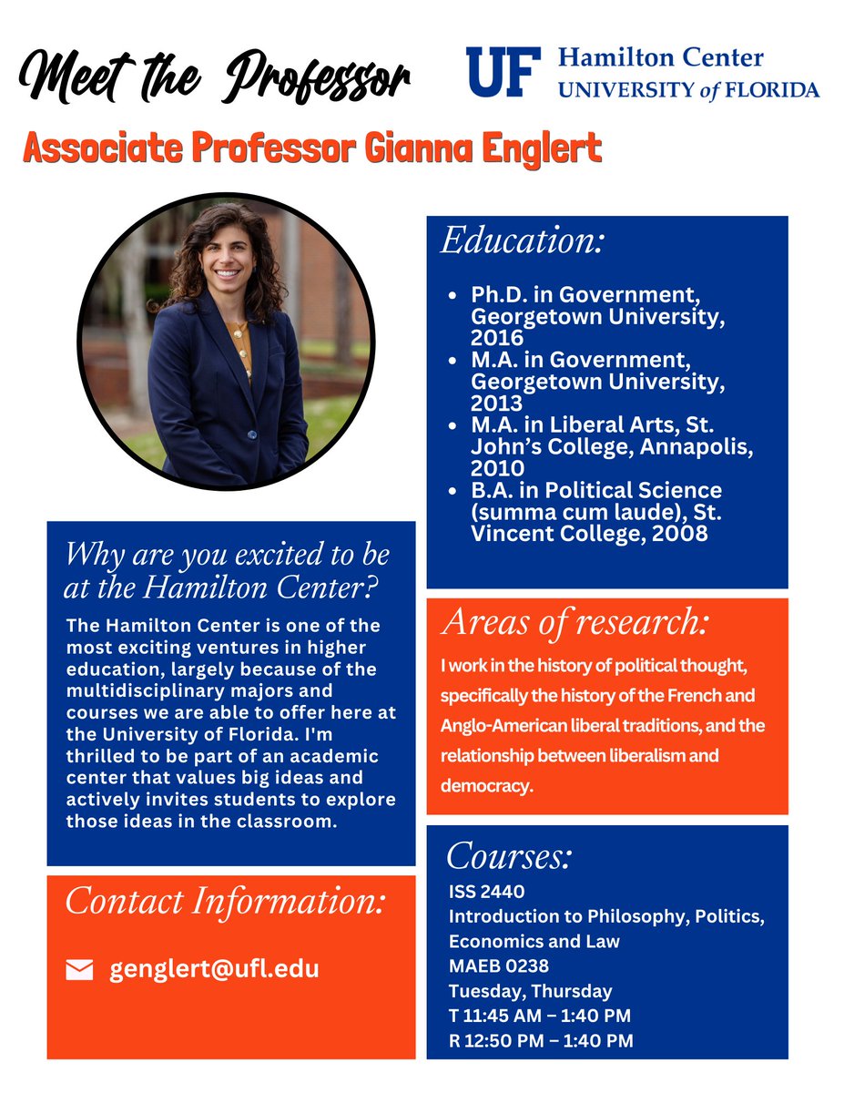 ufhamilton's tweet photo. For this edition of our Meet the Professor: Hamilton Center Faculty Spotlight series, we're thrilled to feature Associate Professor Gianna Englert!
Interested in taking a class with Dr. Englert? Reach out to our advising team:
https://t.co/an2HU3YAPJ
@uf #HamiltonCenter #faculty https://t.co/XQ5xMr9hDI