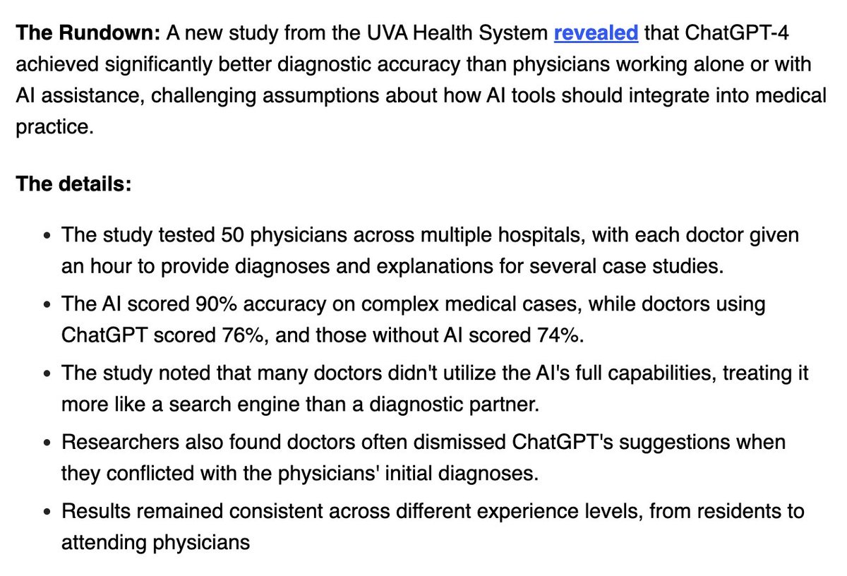 I'm literally afraid now to go to the doctor:
"ChatGPT scored 90%, while doctors scored 74%-76% in diagnosing cases."

This is shocking.