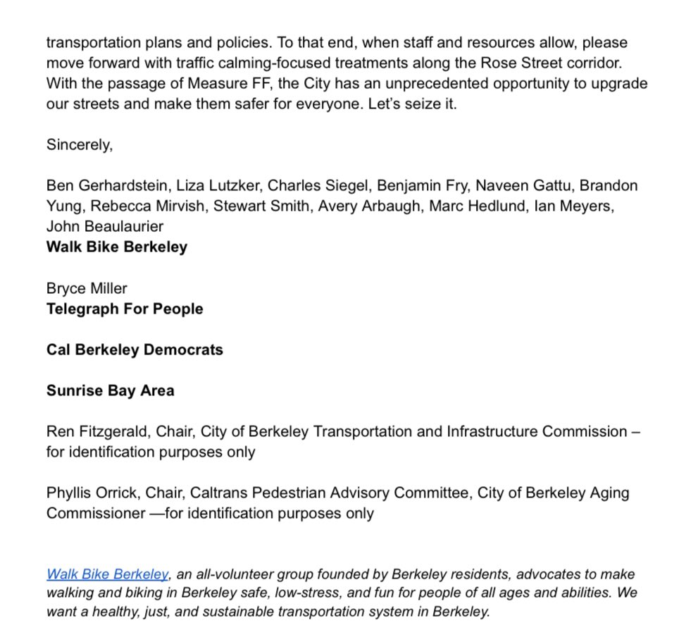 Our letter to <a href="/CityofBerkeley/">City of Berkeley</a> requesting Vision Zero rapid response improvements at Rose and Josephine and a renewed effort to staff and support Public Works so we stop missing opportunities for safety improvements.

Text: drive.google.com/file/d/1hFrVtb…