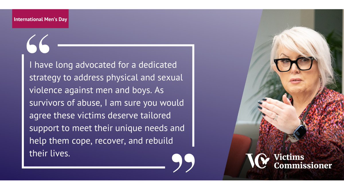 Victims' Commissioner for England & Wales (@victimscomm) on Twitter photo Male survivors of abuse and harassment have unique needs. We must ensure these needs are met.
Today, I wrote to <a href="/jessphillips/">Jess Phillips</a> calling for a national strategy to tackle interpersonal violence against men and boys.
#InternationalMensDay
Read my letter👇 victimscommissioner.org.uk/news/baroness-… Male survivors of abuse and harassment have unique needs. We must ensure these needs are met.
Today, I wrote to <a href="/jessphillips/">Jess Phillips</a> calling for a national strategy to tackle interpersonal violence against men and boys.
#InternationalMensDay
Read my letter👇 victimscommissioner.org.uk/news/baroness-…