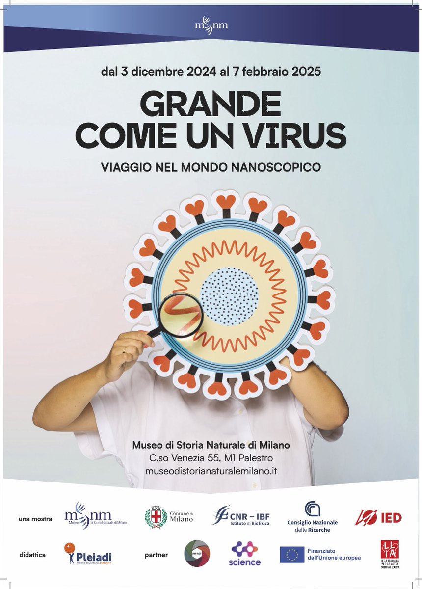 Istituto di Biofisica CNR (@biofisicacnr) on Twitter photo Torna la mostra:
Grande come un virus ๐ฆ 
๐Museo Storia Naturale MILANO
3/12/2024 - 7/2/2025
viaggio nel mondo nanoscopico, alla scoperta degli aspetti piรน affascinanti di queste entitร  biologiche 
Con #IED Milano
Prenotazioni
storianaturalemilano.education/visita-guidataโฆ Torna la mostra:
Grande come un virus ๐ฆ 
๐Museo Storia Naturale MILANO
3/12/2024 - 7/2/2025
viaggio nel mondo nanoscopico, alla scoperta degli aspetti piรน affascinanti di queste entitร  biologiche 
Con #IED Milano
Prenotazioni
storianaturalemilano.education/visita-guidataโฆ