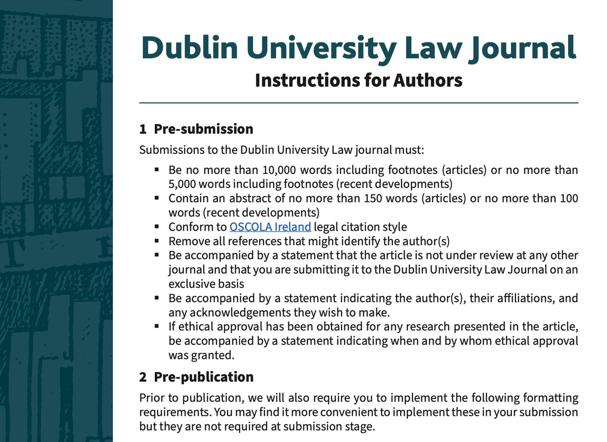 Dublin University Law Journal (@dulawjournal) on Twitter photo 🚨 The <a href="/dulawjournal/">Dublin University Law Journal</a> is currently accepting submissions for publication in 2025!
📅 Deadline: 31 January 2025
📧Got a draft underway? Contact one of our editorial team at dulj@tcd.ie to receive our instructions for authors to help prepare your manuscript! 🚨 The <a href="/dulawjournal/">Dublin University Law Journal</a> is currently accepting submissions for publication in 2025!
📅 Deadline: 31 January 2025
📧Got a draft underway? Contact one of our editorial team at dulj@tcd.ie to receive our instructions for authors to help prepare your manuscript!