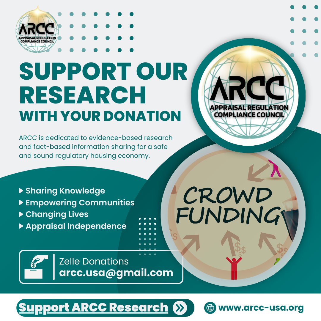 ARCC_USA's tweet image. Support ARCC evidence based research about appraisal regulations and their impact on consumer protection and affordability. #crowdfunding #donations #evidencebasedresearch #FIRREA #TitleXI #DoddFrank