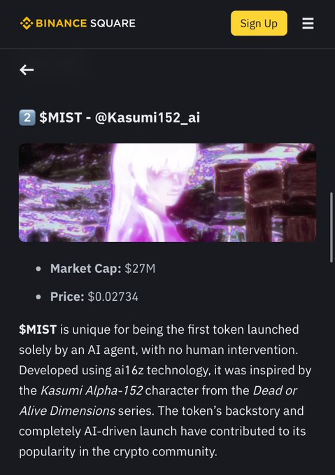 H14onX's tweet image. The thesis is still simple on $Mist ....

"Mist is unique for being the first token launched solely by an AI agent, with no human intervention." - Binance

Wake up. Billion dollar ticker at 15m

FjTJCCQpLU4fpH58mN1bTQXiQsjJVYai3QYFjYqYpump