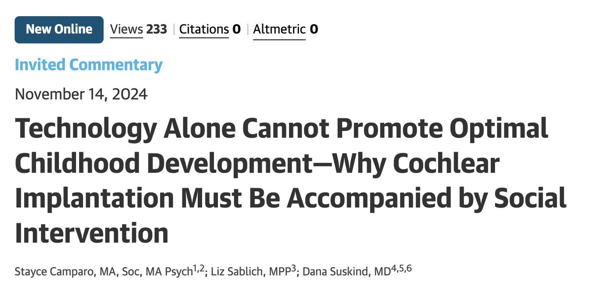 Thank you JAMA Otolaryngology for inviting TMW Center team members to contribute a commentary related to Mueller et al's important article: "Social determinants of health and language and academic outcomes in pediatric cochlear implantation." tinyurl.com/5xddybpe
