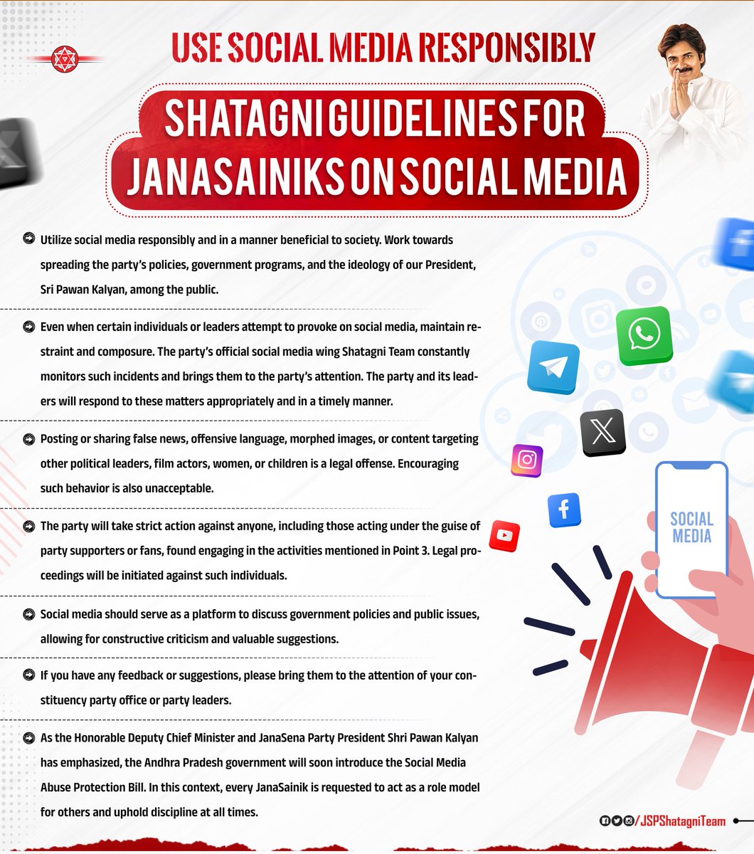 JSPShatagniTeam's tweet image. సోషల్ మీడియాను బాధ్యతాయుతంగా వినియోగించండి - Use Social Media Responsibly
సోషల్ మీడియా జనసైనికులకు శతఘ్ని సూచనలు - @JSPShatagniTeam Guidelines for JanaSainiks on Social Media
@JanaSenaParty @PawanKalyan @JSPVeeraMahila
#SayNoToSocialMediaAbuse