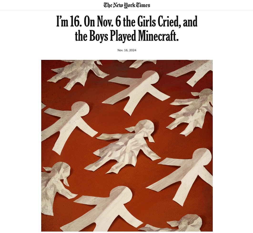 "I am scared that the boys I know will see in a triumphant, boastful Mr. Trump the epitome of a manly man and model themselves after him."

nytimes.com/2024/11/16/opi…