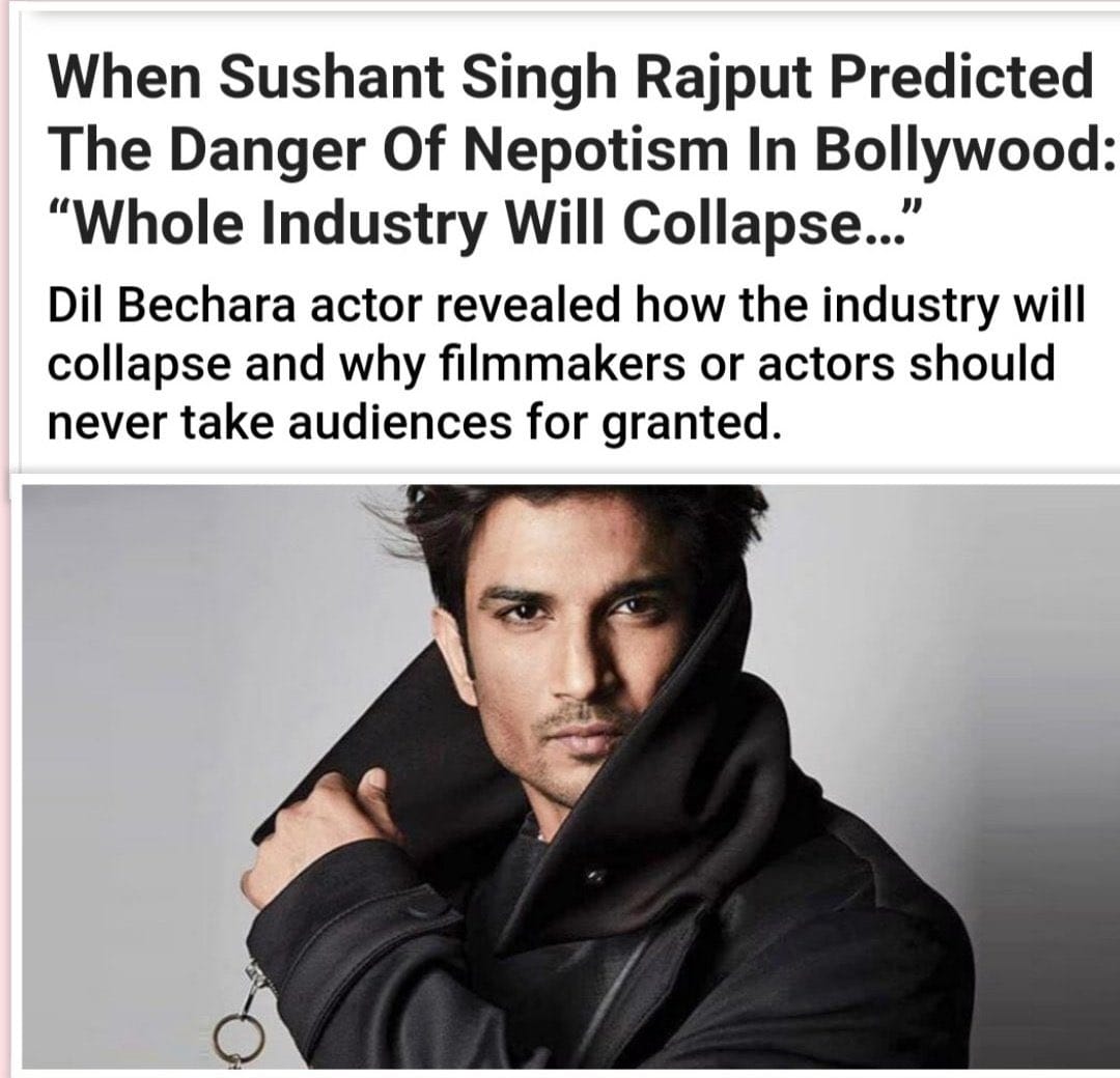 Justice62467857's tweet photo. SSR Hinted Bollywood Collapse 
SSR wanted that BW has to welcome outside talent  
SSR exposed other side of BW which was very dark 
BW threatened &amp; tortured him but he didn't give up so BW did this henious Crime 
SSR Sacrificed his life 
We Want Justice for SSR 
#BoycottBollywood https://t.co/FAY1M2IKpG