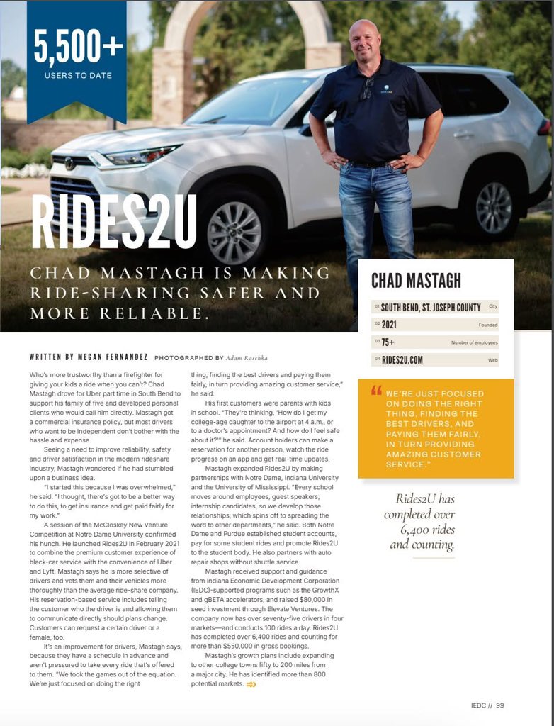 mastagcha's tweet photo. 🎊 Breaking News: I am honored to be featured in Entrepreneurship Indiana 2024!

I am  honored to share my entrepreneurial story and our vision for the future of ride-share. Check out his feature to learn more about the journey that brought Rides2U to where we are today.

Thank you Indiana Economic Development Corporation for this amazing recognition! Read Chad's story in the Entrepreneurship Indiana 2024 yearbook! @Indiana_EDC 

https://t.co/OV6b7kKhZc

#EntrepreneurshipIndiana #IndianaEntrepreneurs #GlobalEntrepreneurshipWeek #HoosierBusiness #Innovation #Entrepreneurship #Indiana #SmallBusiness